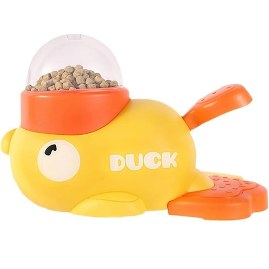 Yellow toy duck with a transparent top, filled with small stones, on a white background.